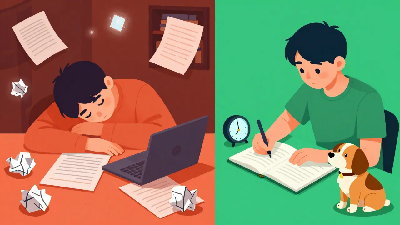Contrasting images of stressed all-night studying vs. calm, focused study using Pomodoro method.
