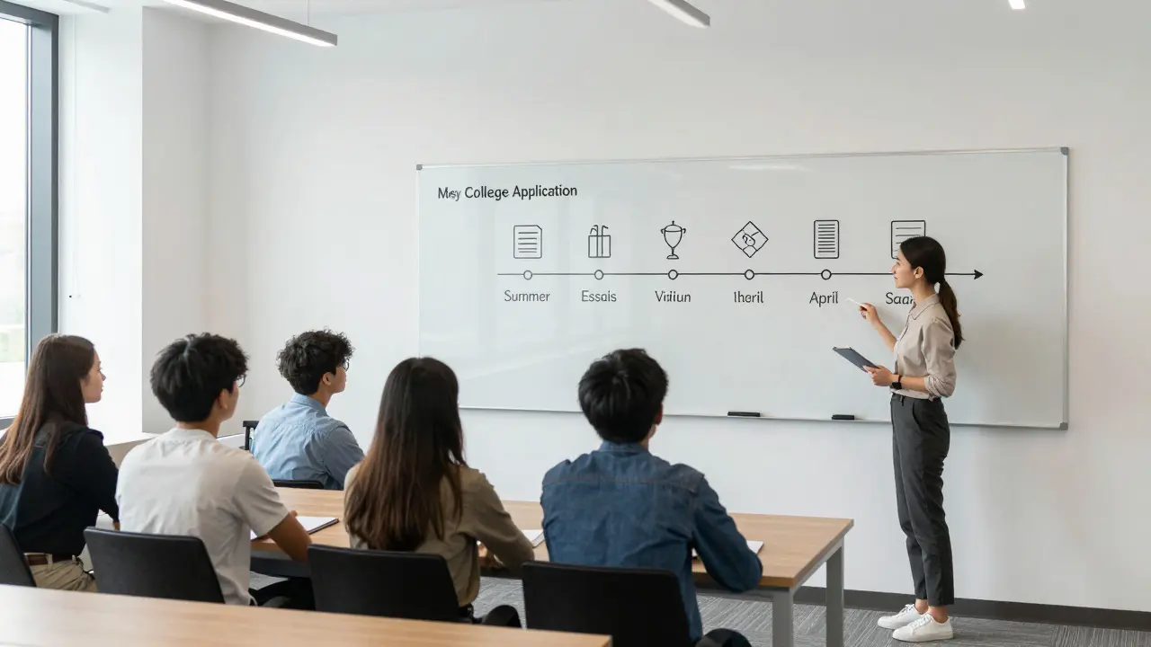 Counselor showing college application timeline on whiteboard to a group of students.