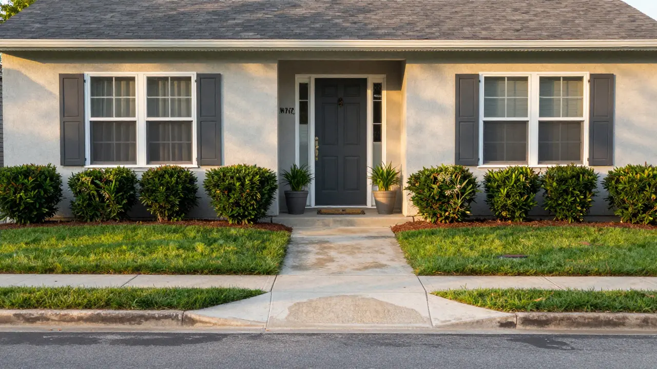 Curb appeal of a home with painted front door, trimmed lawn, and clean walkway.