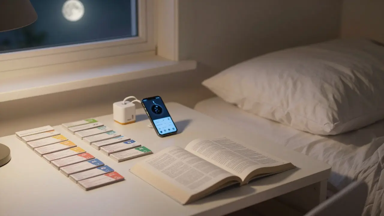 Empty desk with flashcards and a bed with sleep tracker visible, conveying rest and study balance.
