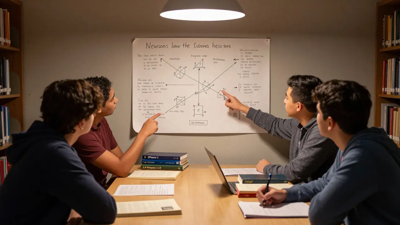 Four students working together on a concept map for AP Physics 1, focused and collaborative.