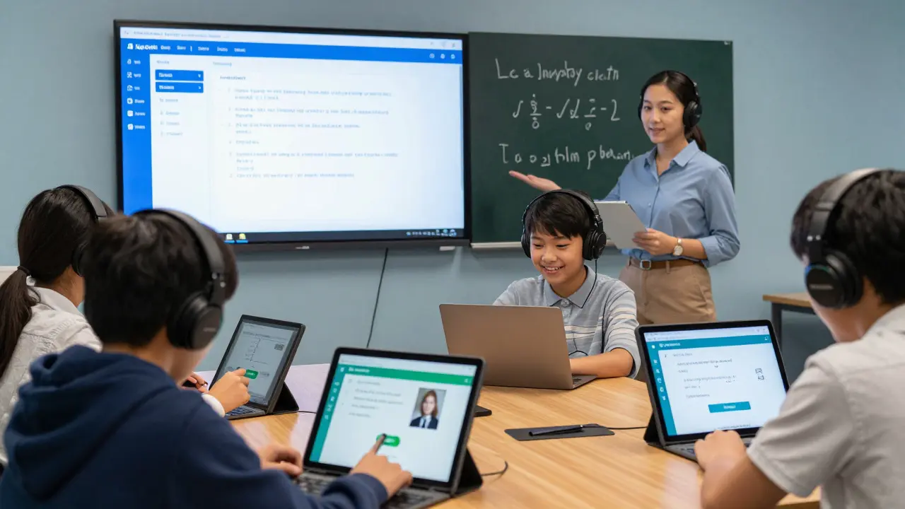 High school students engaging with interactive digital learning platforms on tablets.