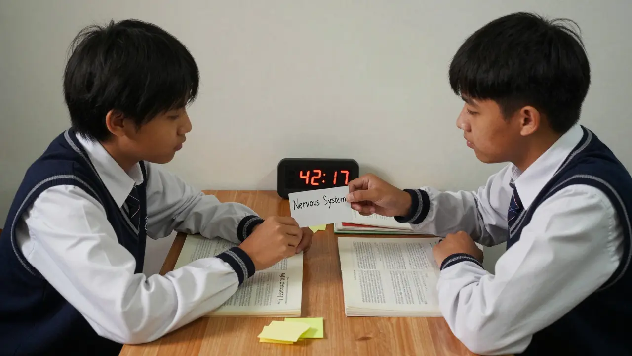 High school students quizzing each other with flashcards, timer visible, focused on their study session.