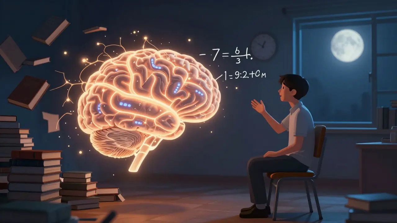 Illustration of a brain with active learning pathways as a student teaches aloud, books fading in shadow.