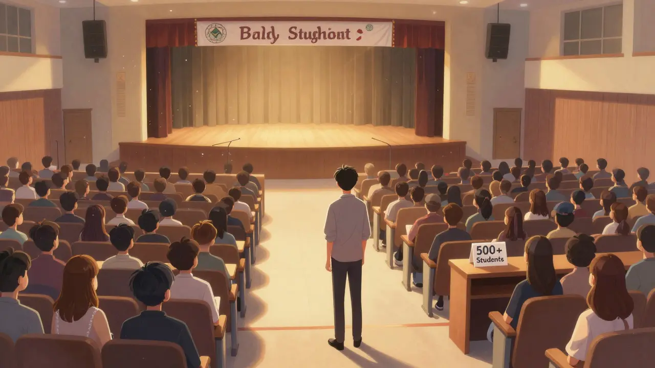 One student alone in a vast school auditorium during assembly.