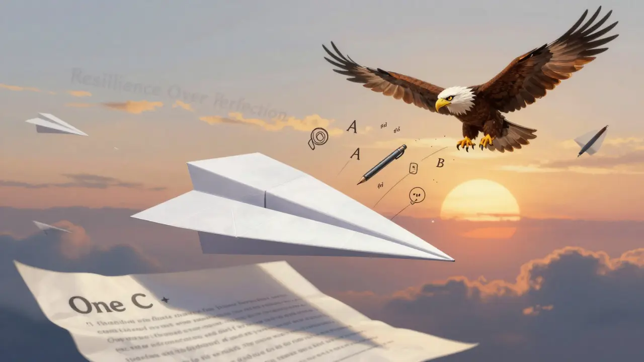 Paper airplane labeled 'One C' flying away as an eagle of rising grades soars toward sunrise.