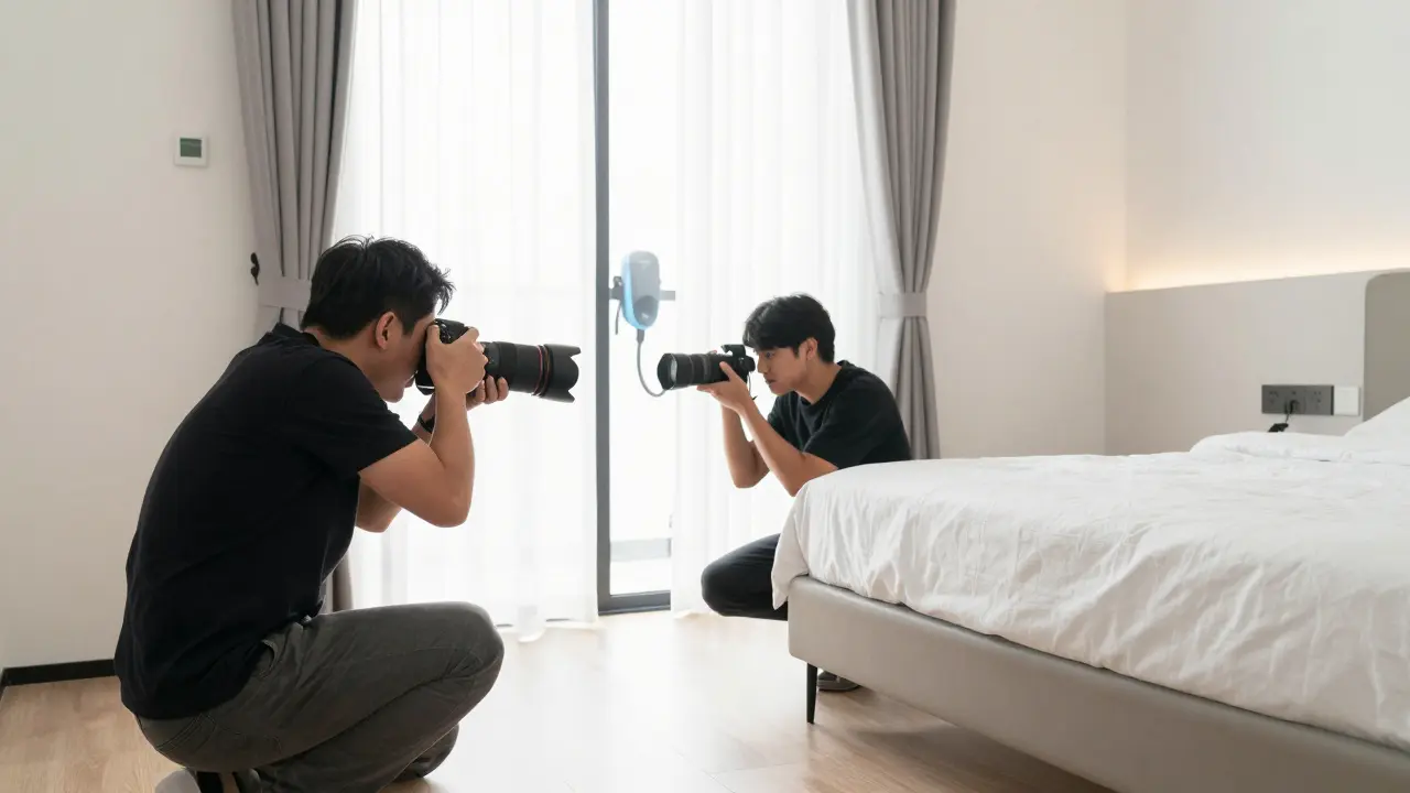 Professional photographer capturing a bright, staged bedroom with natural light.