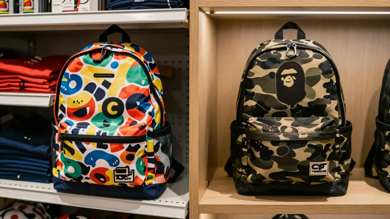 Side-by-side display of a Sprayground backpack on a store shelf next to a premium Bape backpack in a boutique.