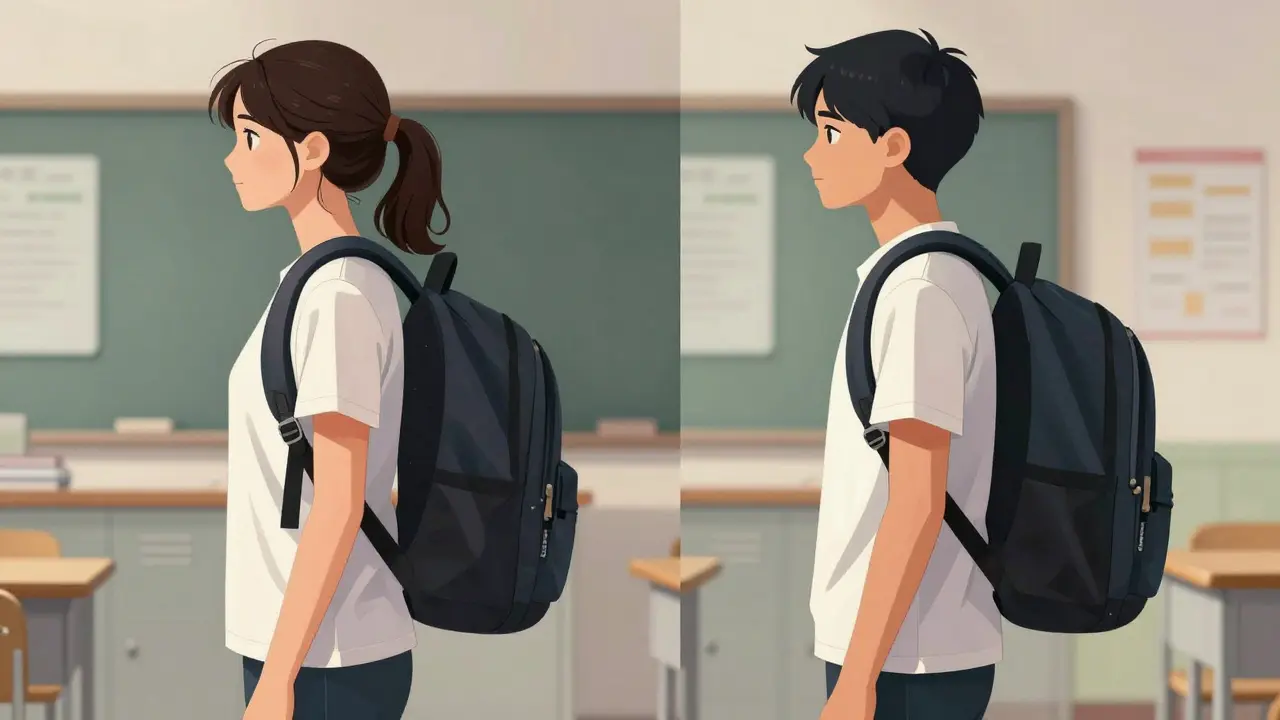 Side-by-side illustration showing poor posture from loose backpack straps versus proper alignment with fitted straps and neutral spine.