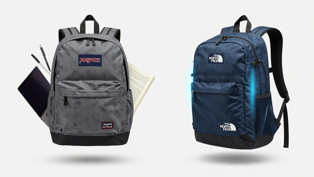 Split-image comparison: a disorganized JanSport backpack versus a neatly organized North Face Borealis with proper compartments.