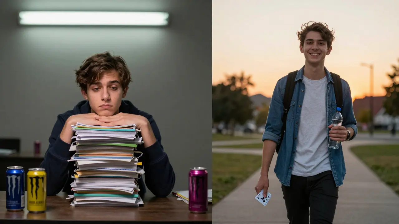 Split image: exhausted student with piles of notes vs. refreshed student walking outside with flashcards.