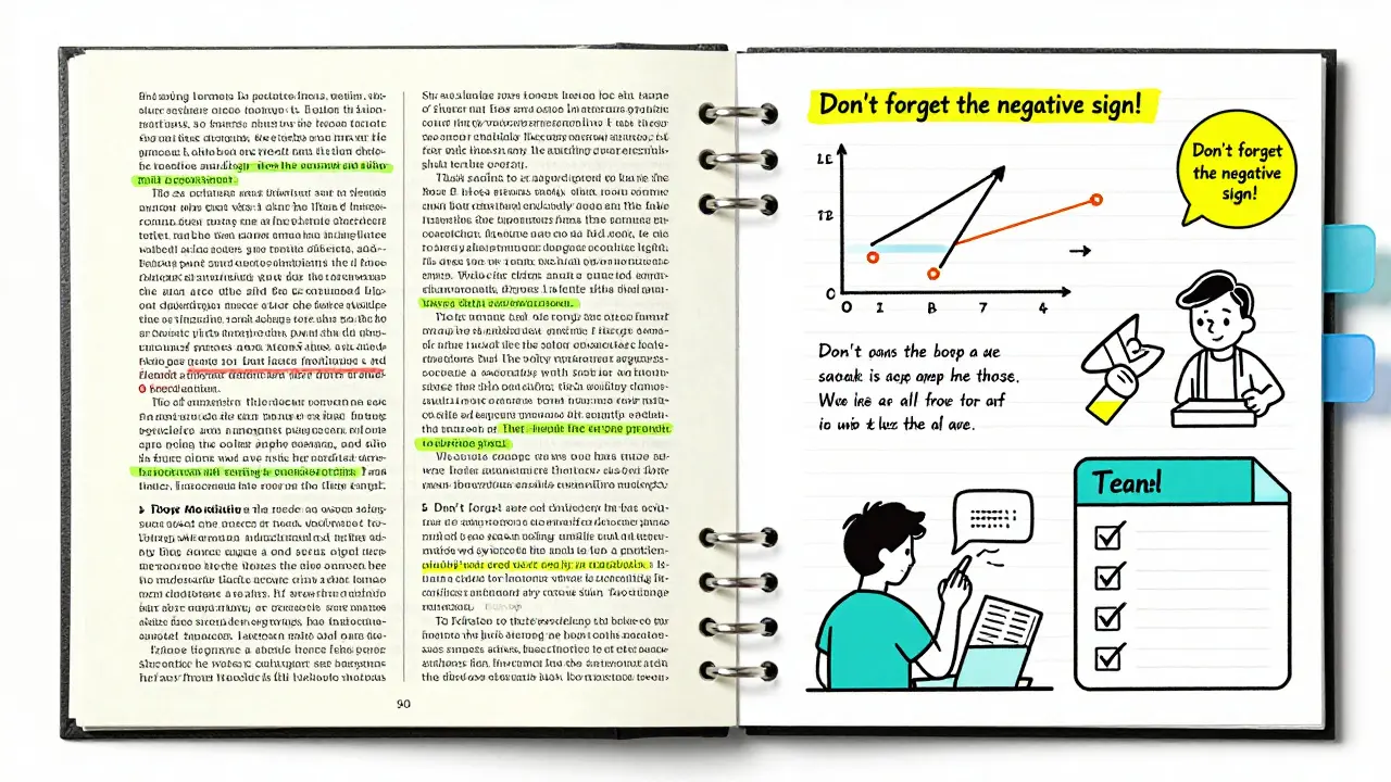 Split-screen comparison: cluttered textbook vs. clean, student-made study guide with diagrams and checklists.