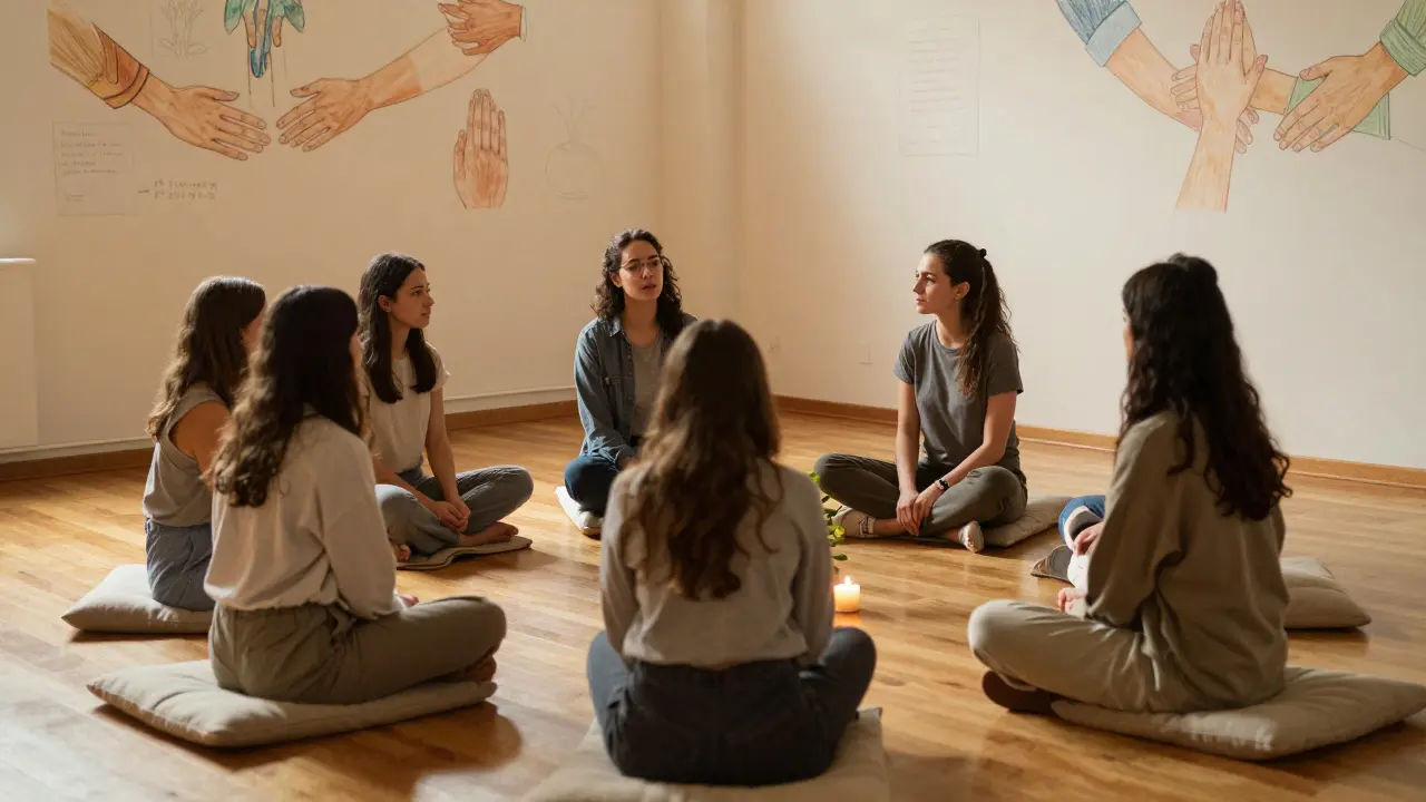 Students and a facilitator sit in a circle, talking openly in a restorative justice session.