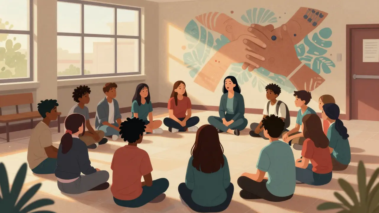 Students and teacher in a restorative circle, emotional conversation taking place, mural of hands on wall behind them.
