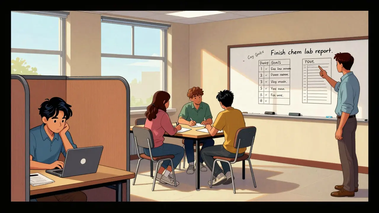 Students in a structured study hall with clear goals, peer mentors, and focused work zones.