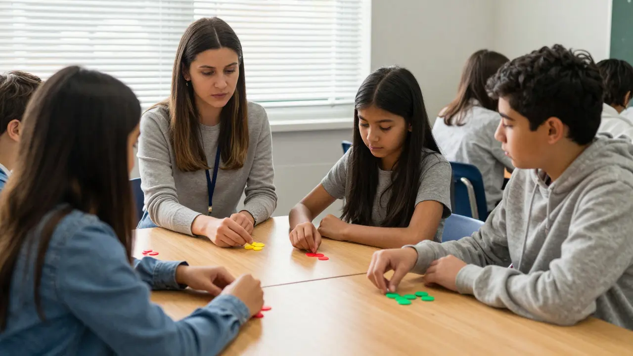 Students silently indicating their emotional state with colored tokens at the start of class.