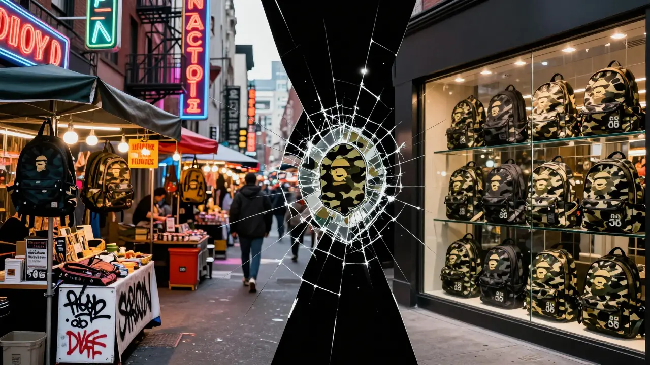 Surreal split scene showing Sprayground and Bape backpacks in contrasting environments connected by a cracked mirror.