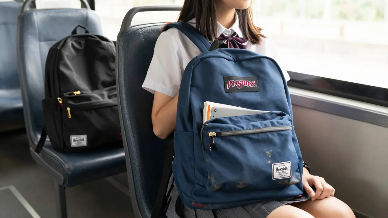 Teen girl on a bus with her well-worn JanSport Classic backpack on her lap, sunlight through the window.