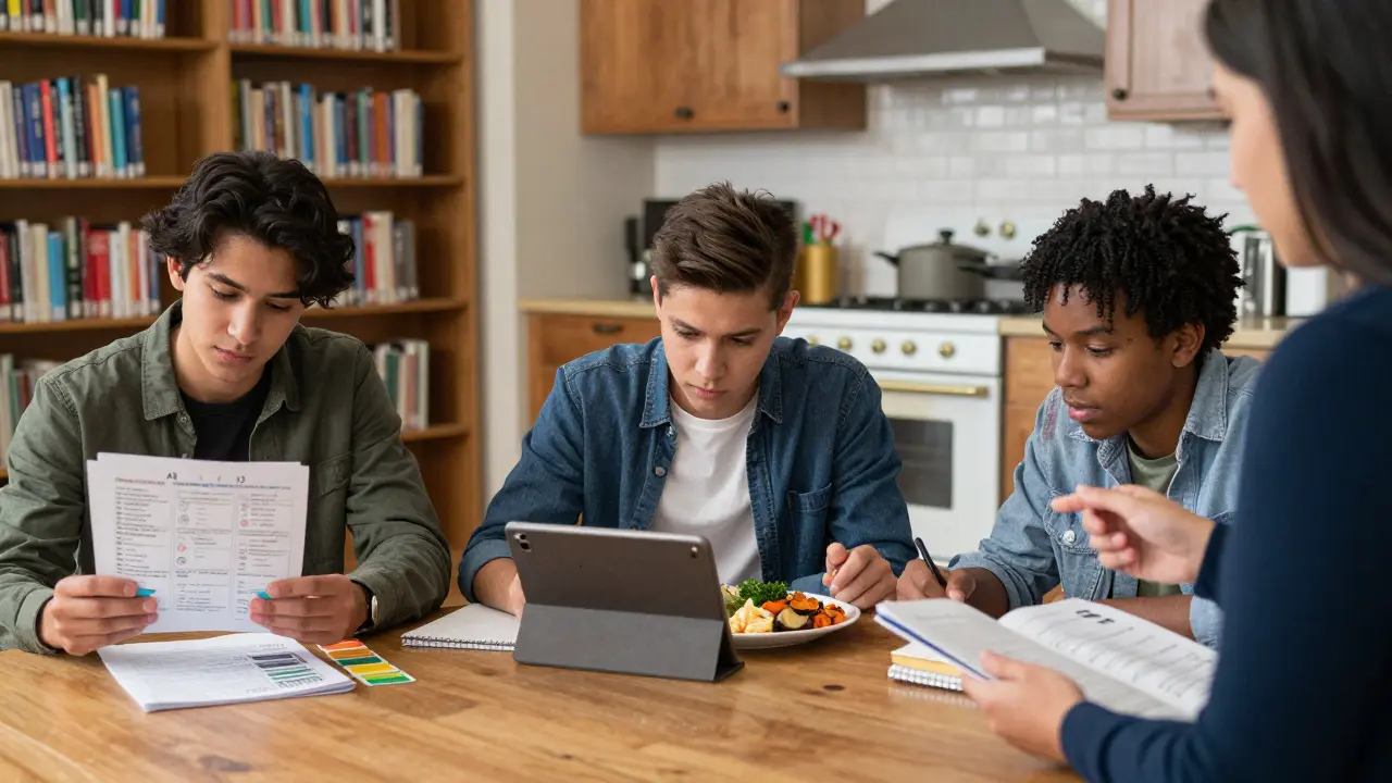 Three high school students studying in different environments: library, kitchen, and classroom.