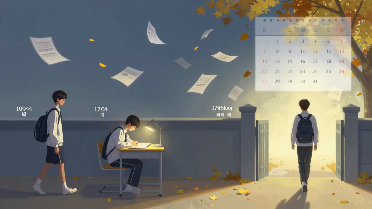 Timeline of Korean high school ages from 15 to 18, with exam papers and calendar symbols.