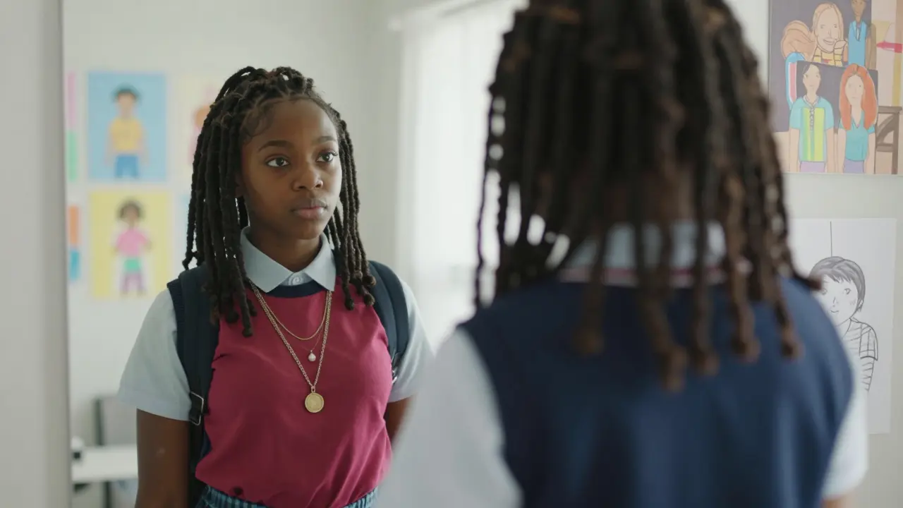 A Black girl with dreadlocks looks at her reflection, seeing her true style beneath the uniform.