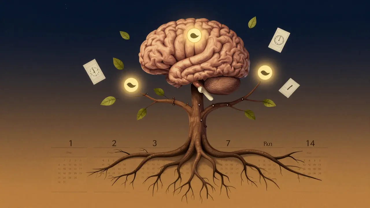 A brain shaped like a tree with roots labeled by study days, representing spaced repetition and memory consolidation.