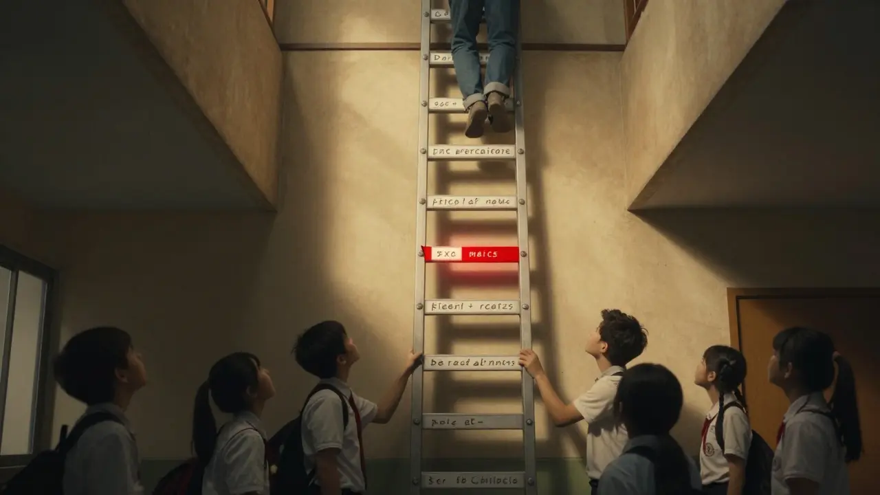 A broken ladder of math concepts stretching through a school hallway, with students reacting differently to each rung.