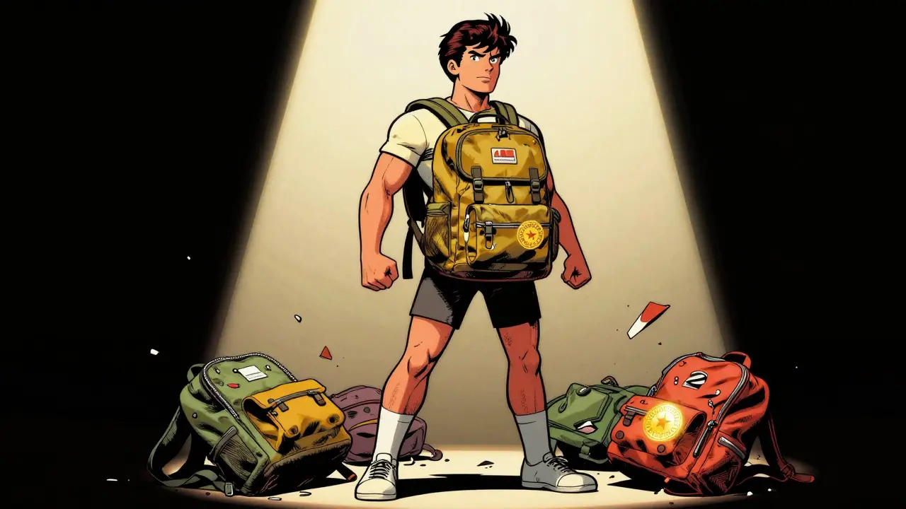 A heroic student in a durable L.L.Bean backpack, standing over broken backpacks, with a glowing warranty seal.