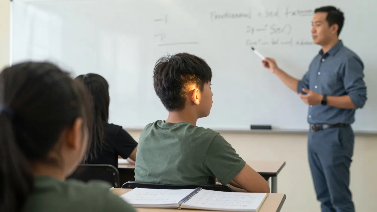 A high school student taking focused notes in the front row of a classroom.