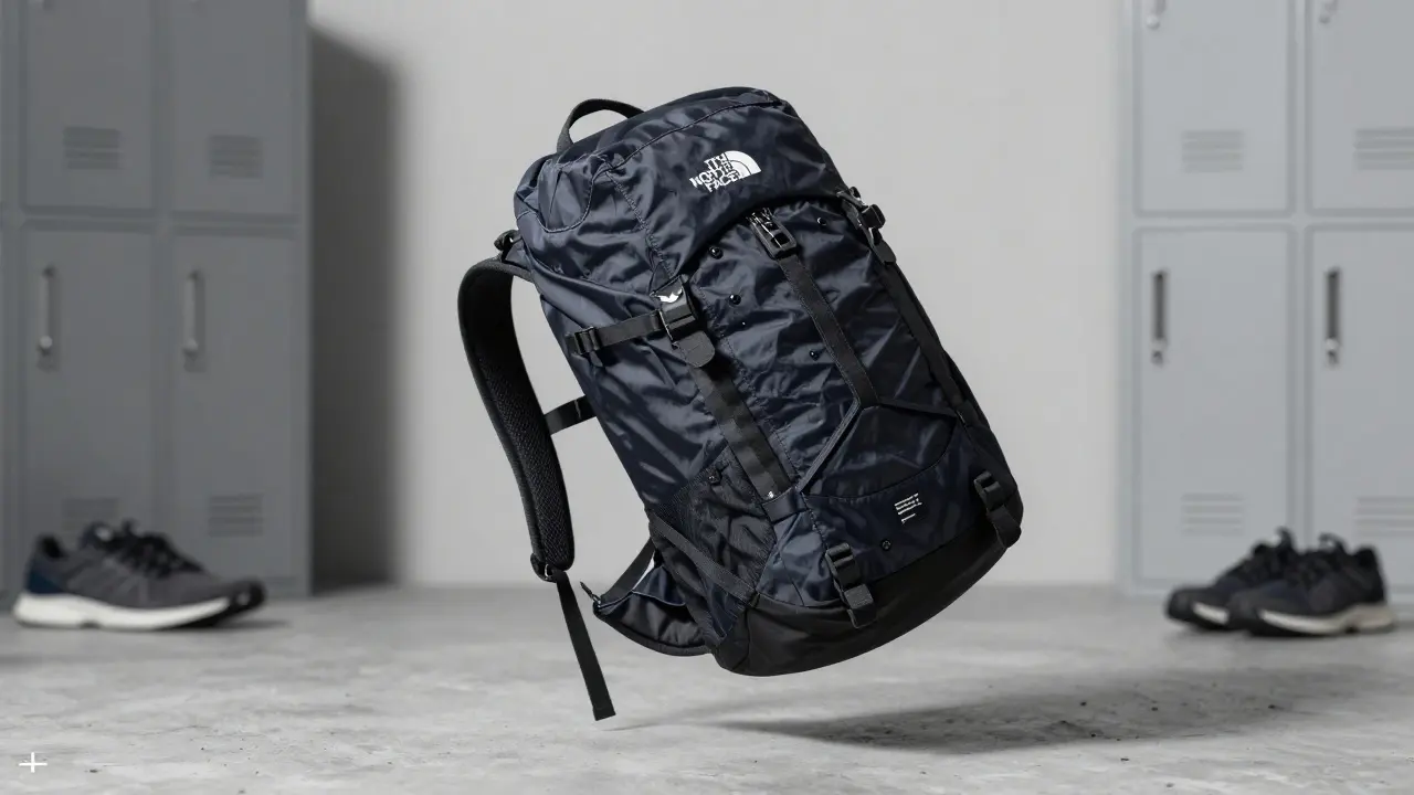 A North Face Borealis backpack mid-fall, showing durability with intact zippers and reinforced stitching on concrete.