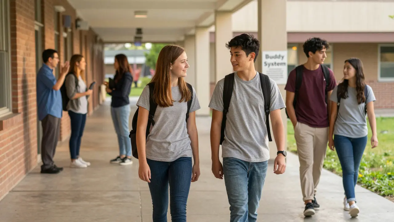 A parent and teen walk through a school hallway as staff connect with students, showing care and community.