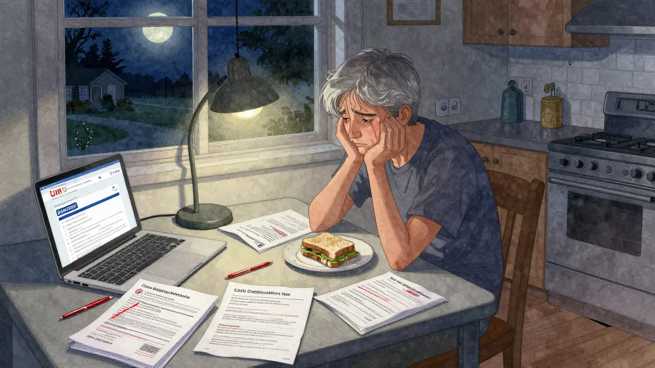 A senior student at a cluttered kitchen table late at night, surrounded by college application papers and drafts.