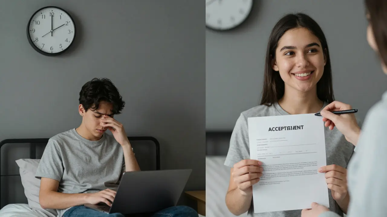 A student's journey from stress to confidence, shown through split imagery of isolation and empowerment.