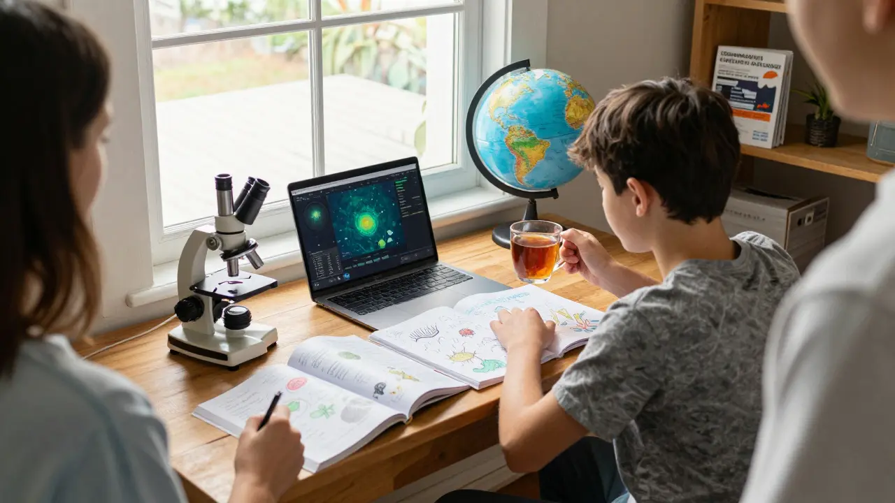 A teen learning marine biology at home with books, microscope, and parent nearby, sunlit room with globe and college brochures.