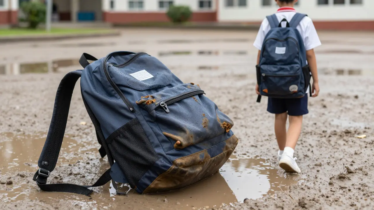 An abandoned, ruined backpack in mud next to the same model still in use after years, showing long-term durability.