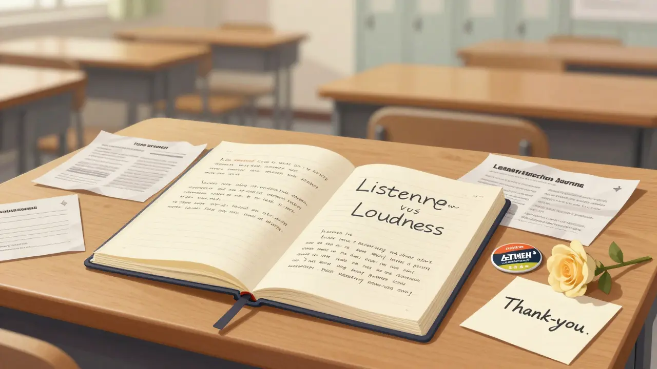 An open journal shows handwritten reflections on leadership, failure, and growth.