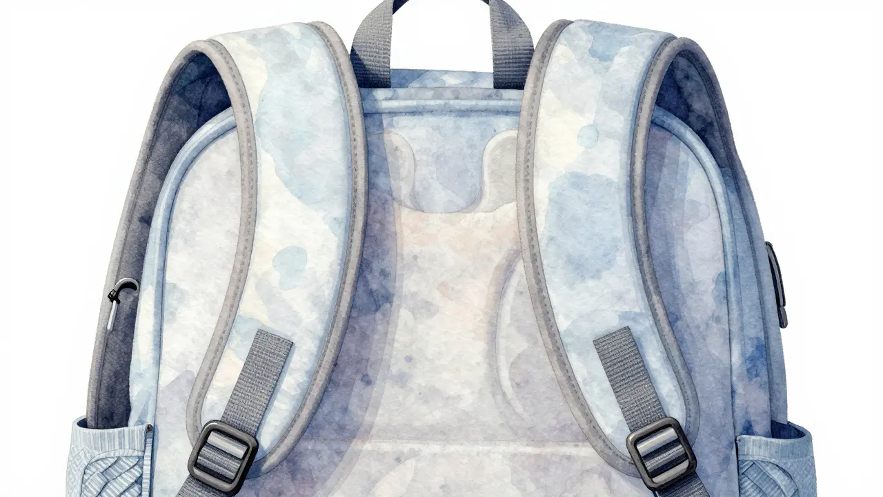 Close-up of backpack with padded straps, lumbar support, and multiple compartments.