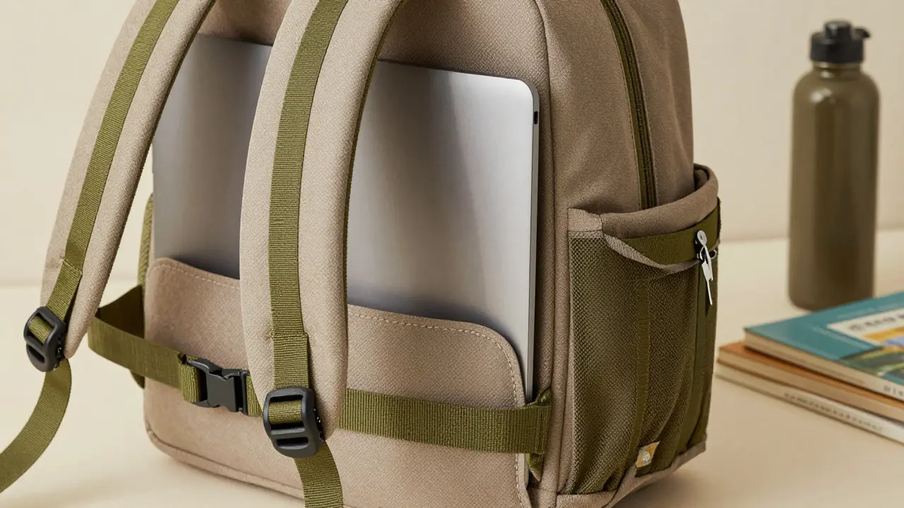 Close-up of padded backpack straps and waist belt with laptop sleeve