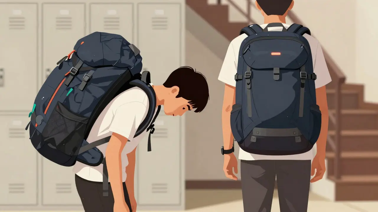 Contrast between a student struggling under an oversized backpack and another with a well-fitted, ergonomic pack.