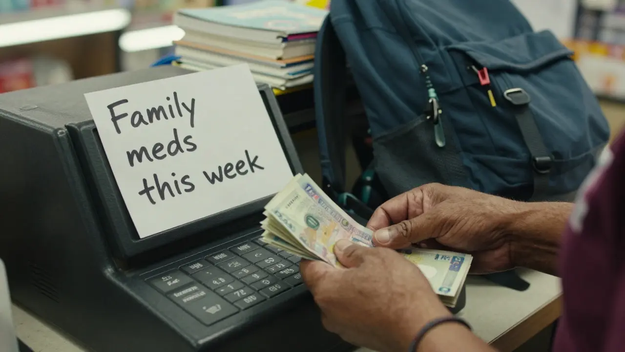 Hands counting cash at a grocery register with textbooks nearby, symbolizing quiet sacrifice and daily discipline.