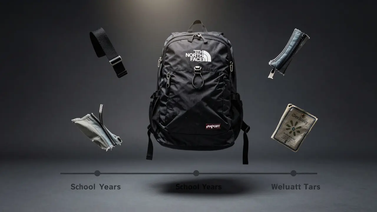 North Face backpack floating above broken competitors, symbolizing unmatched durability over time.