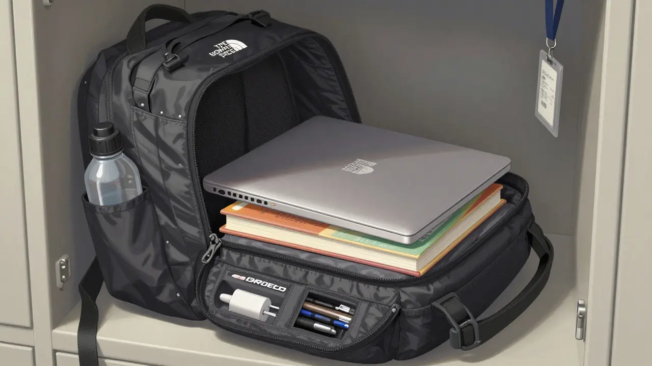 Open North Face Borealis backpack with laptop, books, and accessories neatly organized inside.
