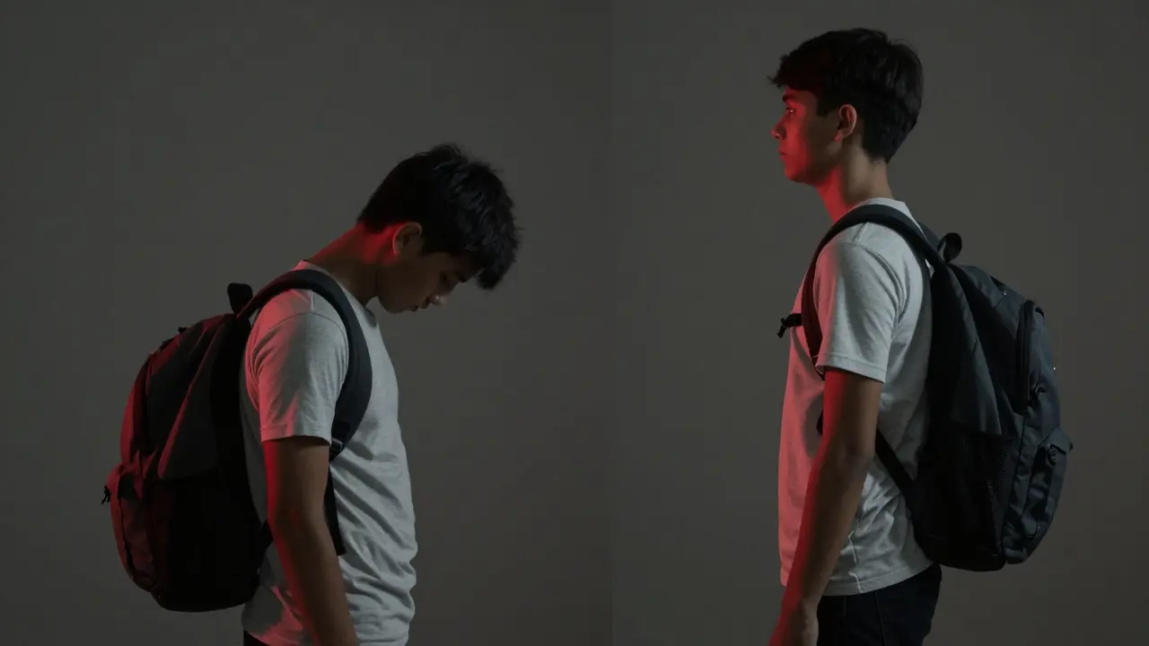 Side-by-side view showing poor vs. proper backpack posture: slouched with low pack vs. aligned with high pack.