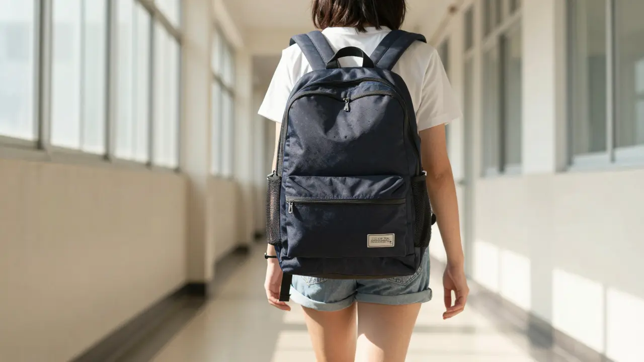 Student confidently walking with hybrid backpack, comfortable posture in school hallway.