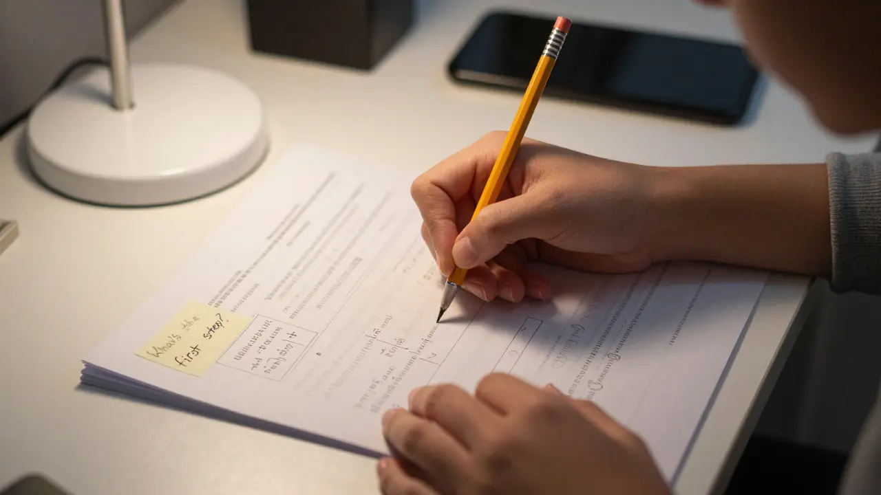 Student pausing thoughtfully over a study guide problem with a handwritten hint