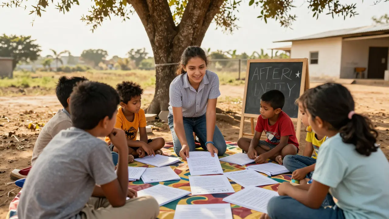 Student tutoring younger kids outdoors under a tree with handmade learning materials.
