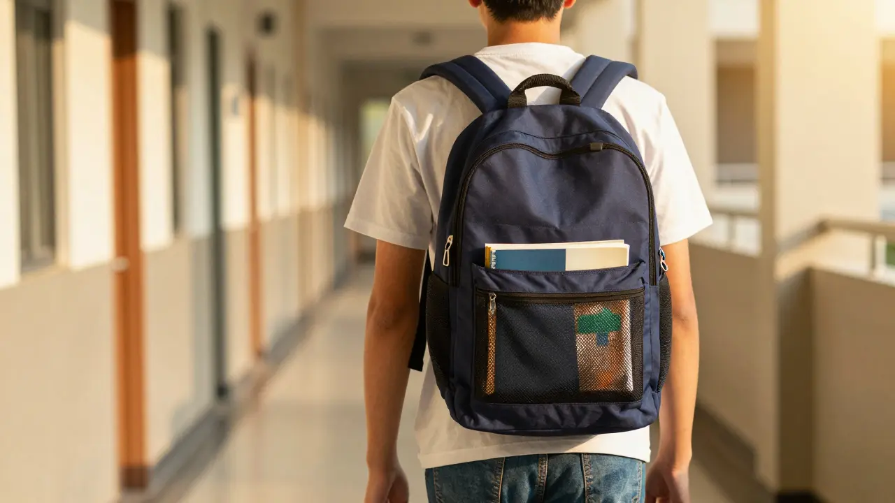 Student walking confidently with properly fitted backpack in school hallway
