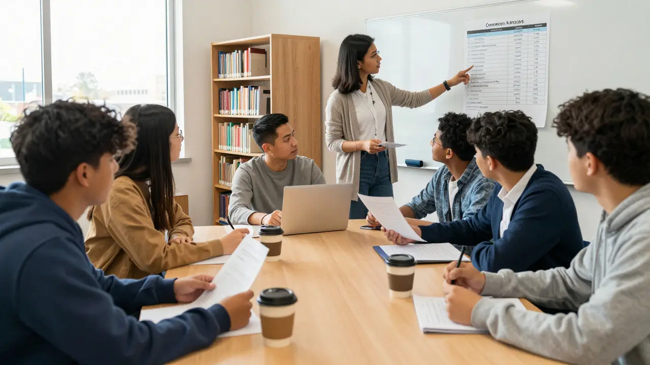 Students and a volunteer advisor collaborating on college applications in a public library setting.
