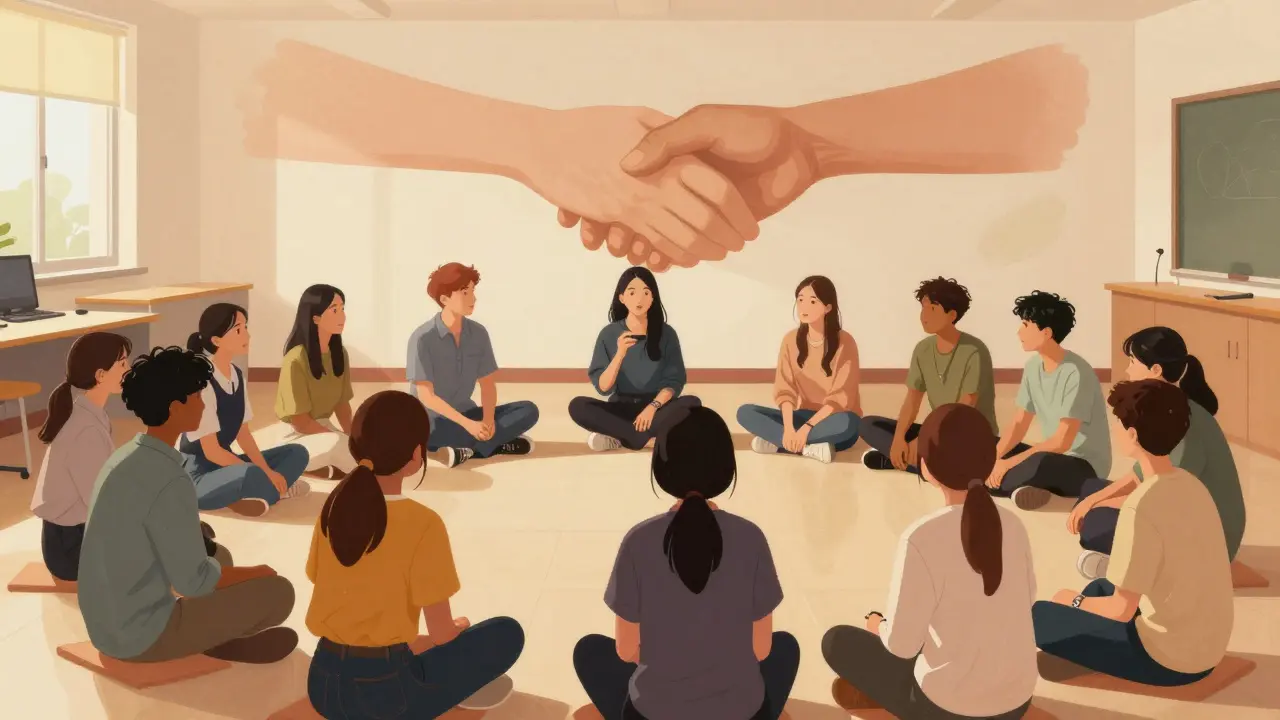 Students and staff sit in a circle, listening to one another in a calm, trusting classroom setting.