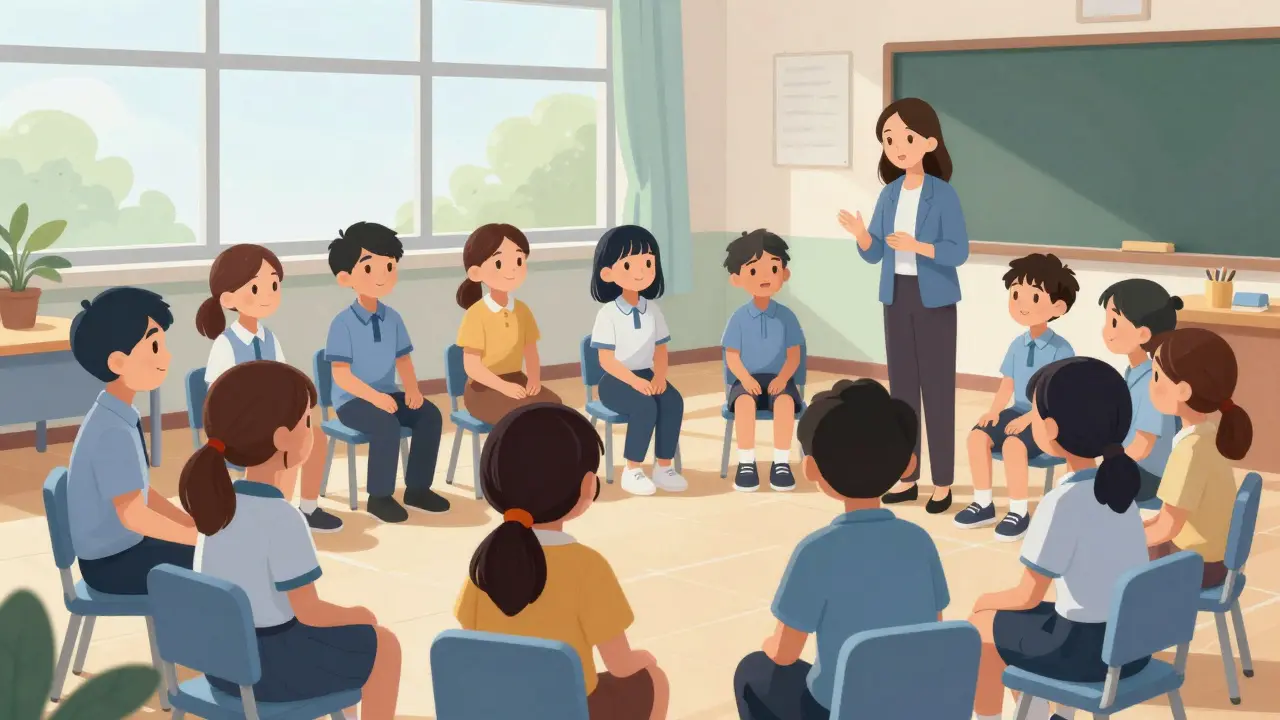 Students in SEL class practicing emotion recognition with teacher.